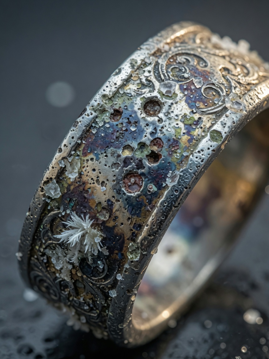 Extreme close-up macro shot of tarnished silver ring affected by salt air corrosion, detailed texture of pitting and oxidation, scientific jewelry care photography, 8K resolution