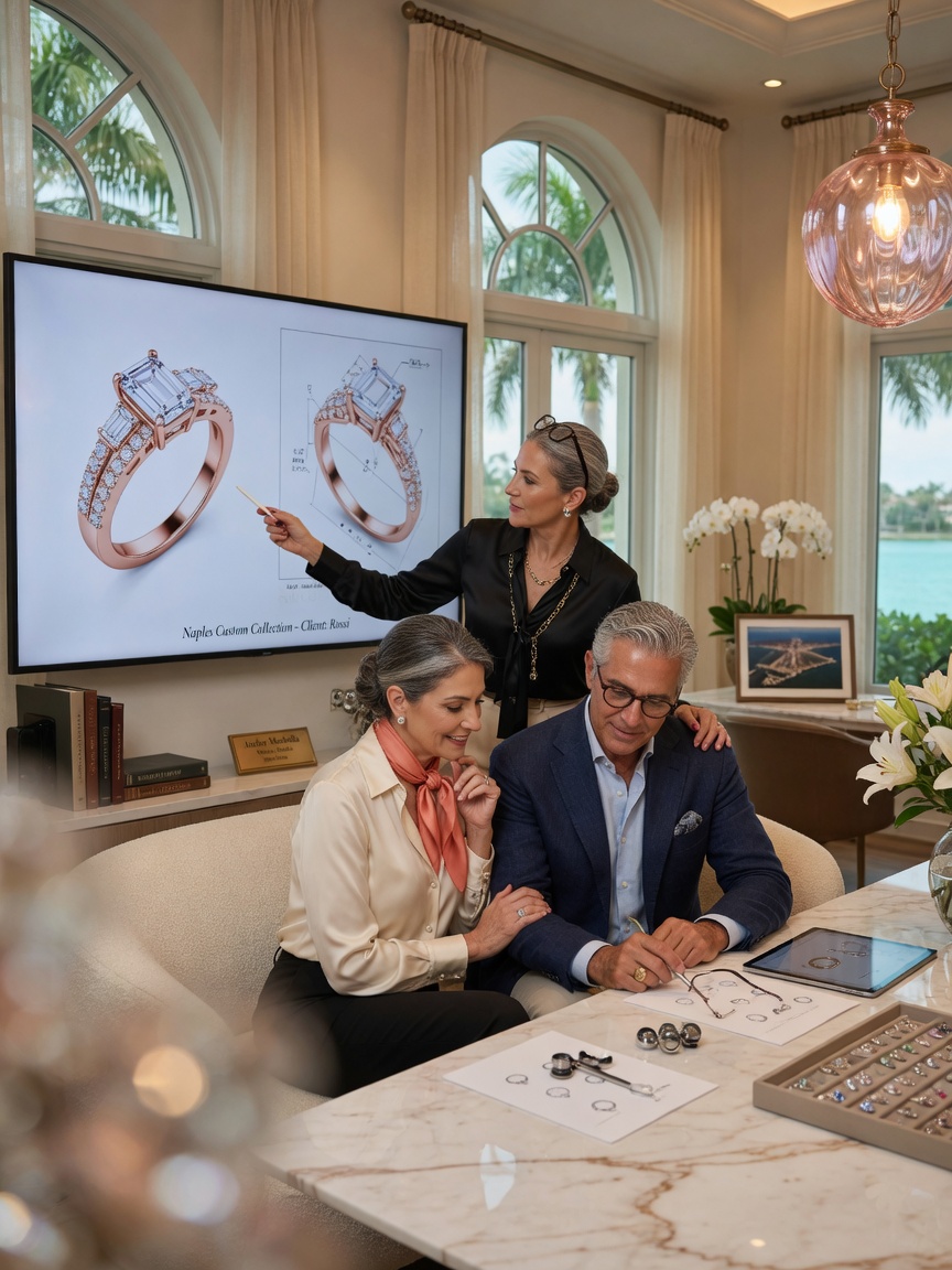 Elegant middle-aged couple consulting with a jewelry designer in an upscale Naples FL showroom, looking at digital renderings of custom rings on a large screen, warm professional atmosphere