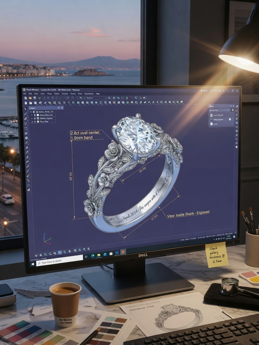 Hyper-realistic 3D CAD rendering of a custom engagement ring with intricate floral gallery and hidden engraving, shown on computer monitor in a Naples jewelry studio