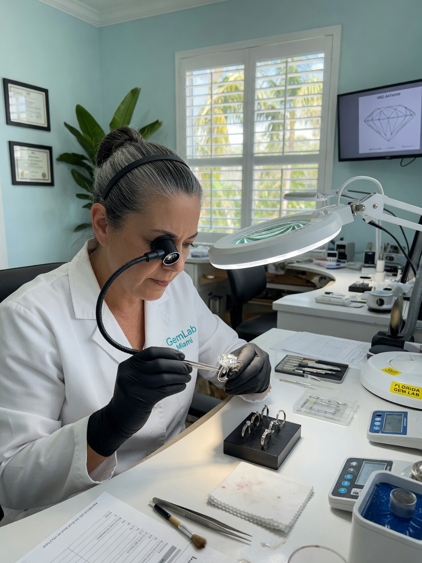 Professional jeweler inspecting diamond ring under magnification in Florida workshop, tools visible, bright clean environment, ultra-realistic 8K image