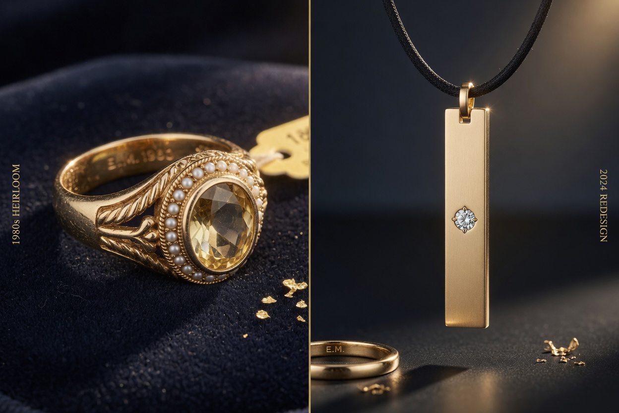 Before and after split image showing an old 1980s gold heirloom ring being redesigned into a modern minimalist pendant, professional jewelry photography, 8K