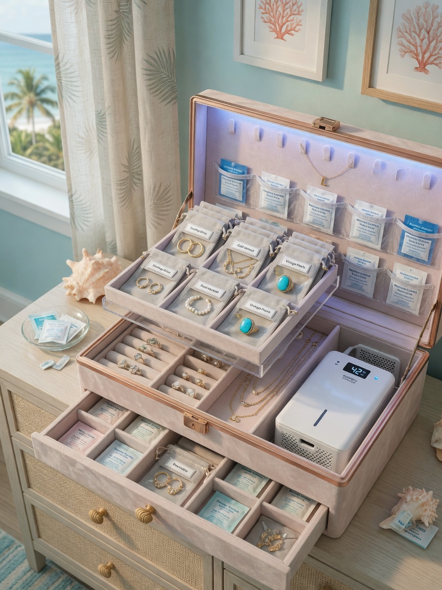 Beautiful organized jewelry storage system with anti-tarnish pouches, silica gel packets and dehumidifier in modern Florida coastal home, 8K product photography