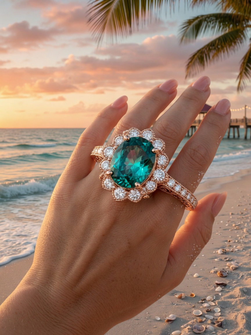 Stunning custom engagement ring featuring a vibrant teal tourmaline center stone surrounded by diamonds in rose gold setting, styled on a woman's hand with Naples beach background, golden hour lighting
