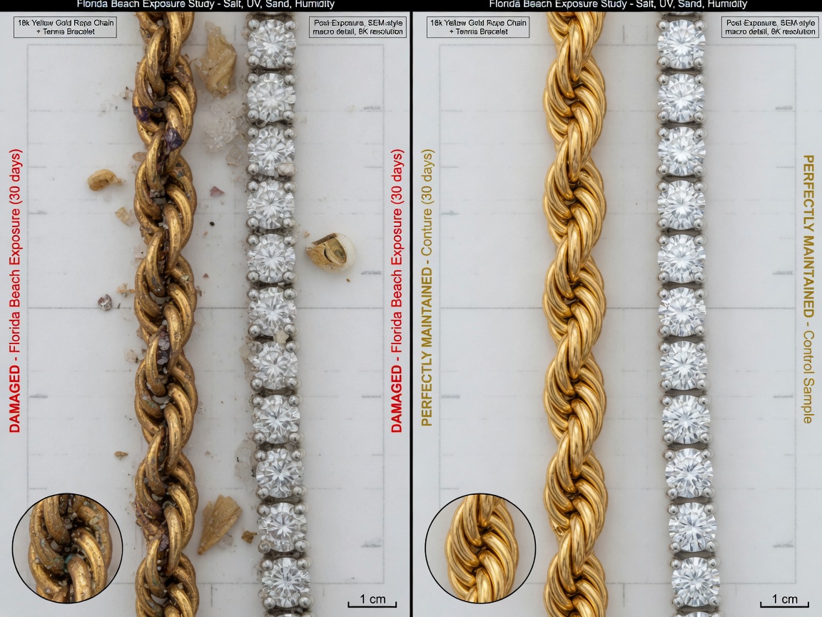 Side-by-side comparison of damaged vs perfectly maintained gold jewelry after Florida beach exposure, scientific before and after style, ultra detailed 8K