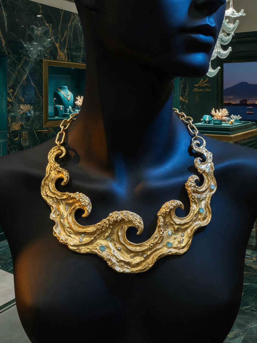 Organic textured custom gold necklace inspired by ocean waves, displayed on elegant black mannequin in luxury Naples jewelry boutique, dramatic lighting