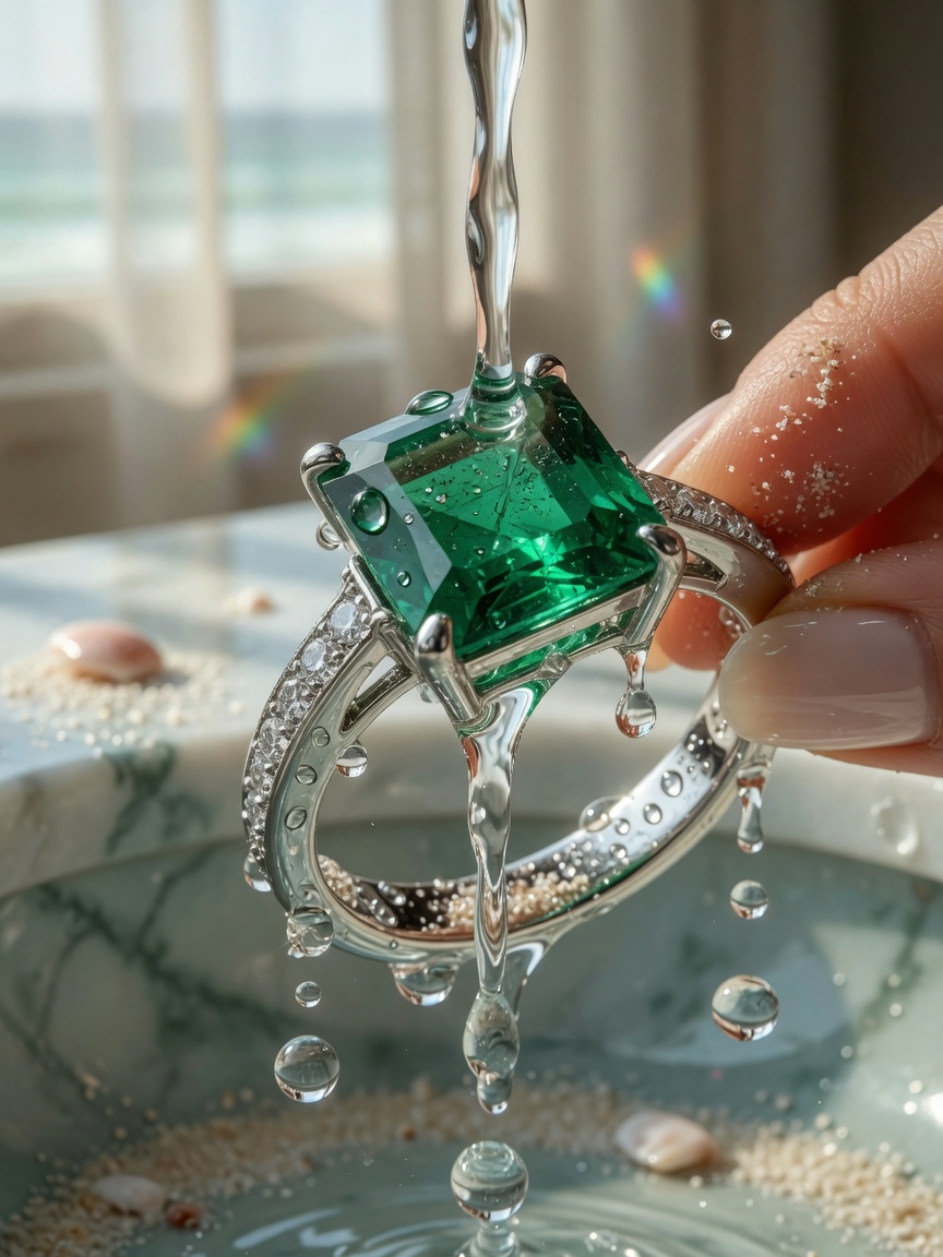 Elegant emerald ring being carefully rinsed with fresh water after beach visit, water droplets, soft natural light, luxury jewelry care photography 8K