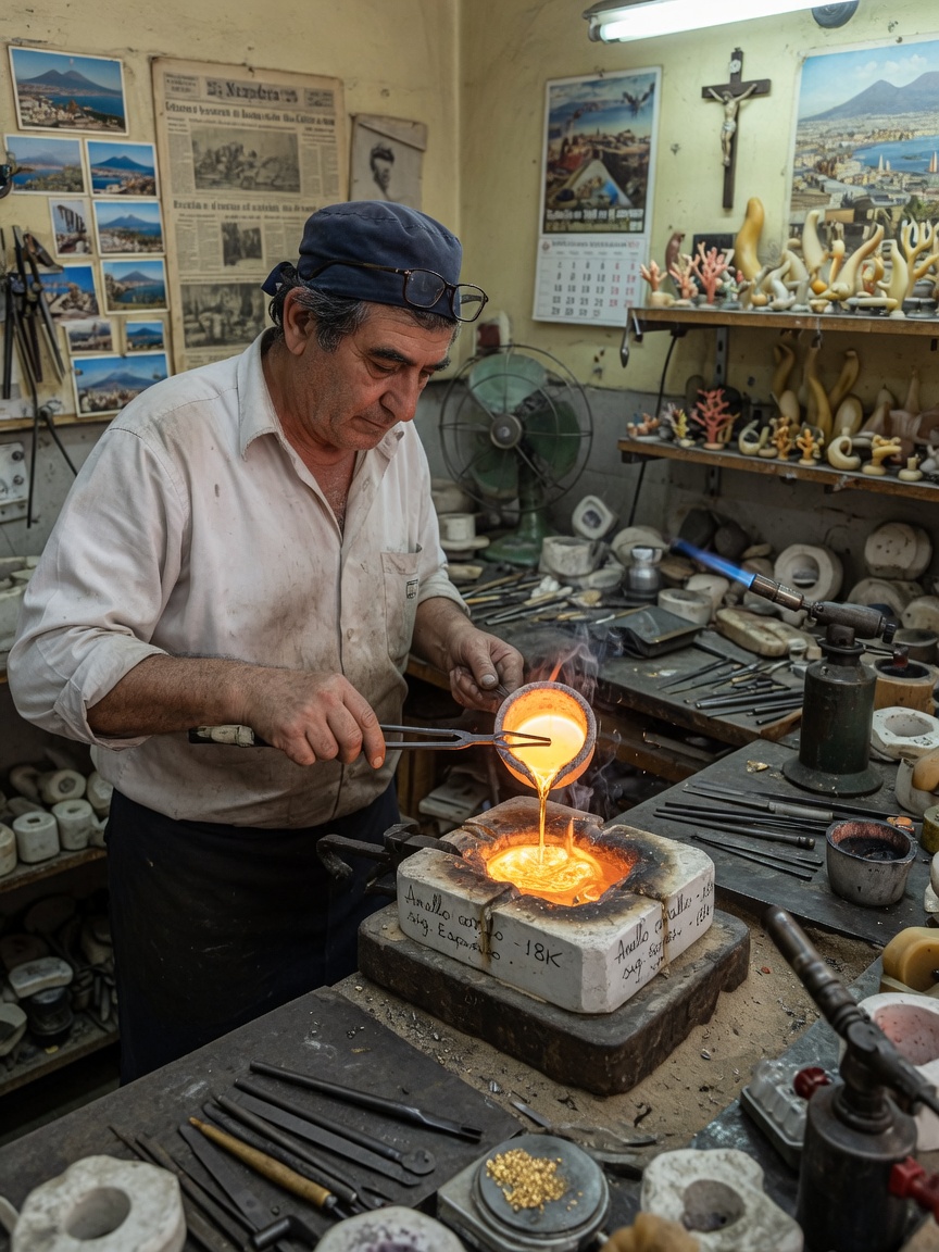 Master jeweler in Naples carefully pouring molten gold into a custom mold using lost-wax casting technique, detailed workshop environment, realistic 8K photo