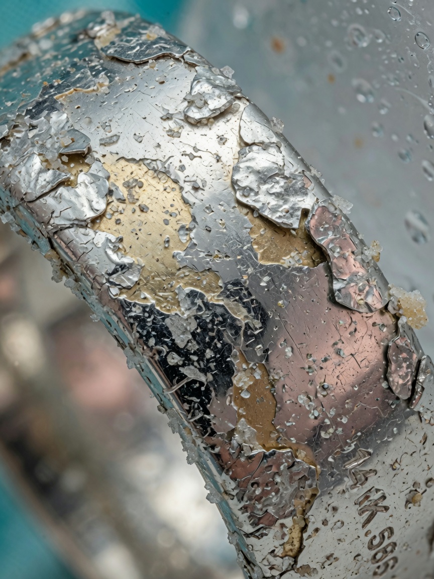Close-up of white gold ring losing rhodium plating due to Florida salt air, microscopic surface detail visible, educational jewelry care image, ultra-realistic