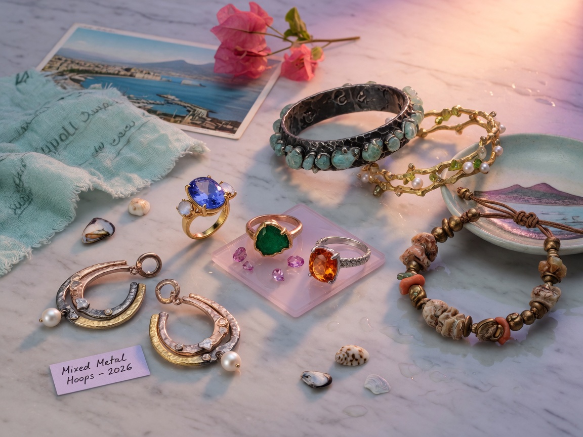 Collection of 2026 jewelry trends including mixed metal earrings, colored gemstone rings, and organic textured bracelets beautifully arranged on marble surface with subtle Naples coastal elements