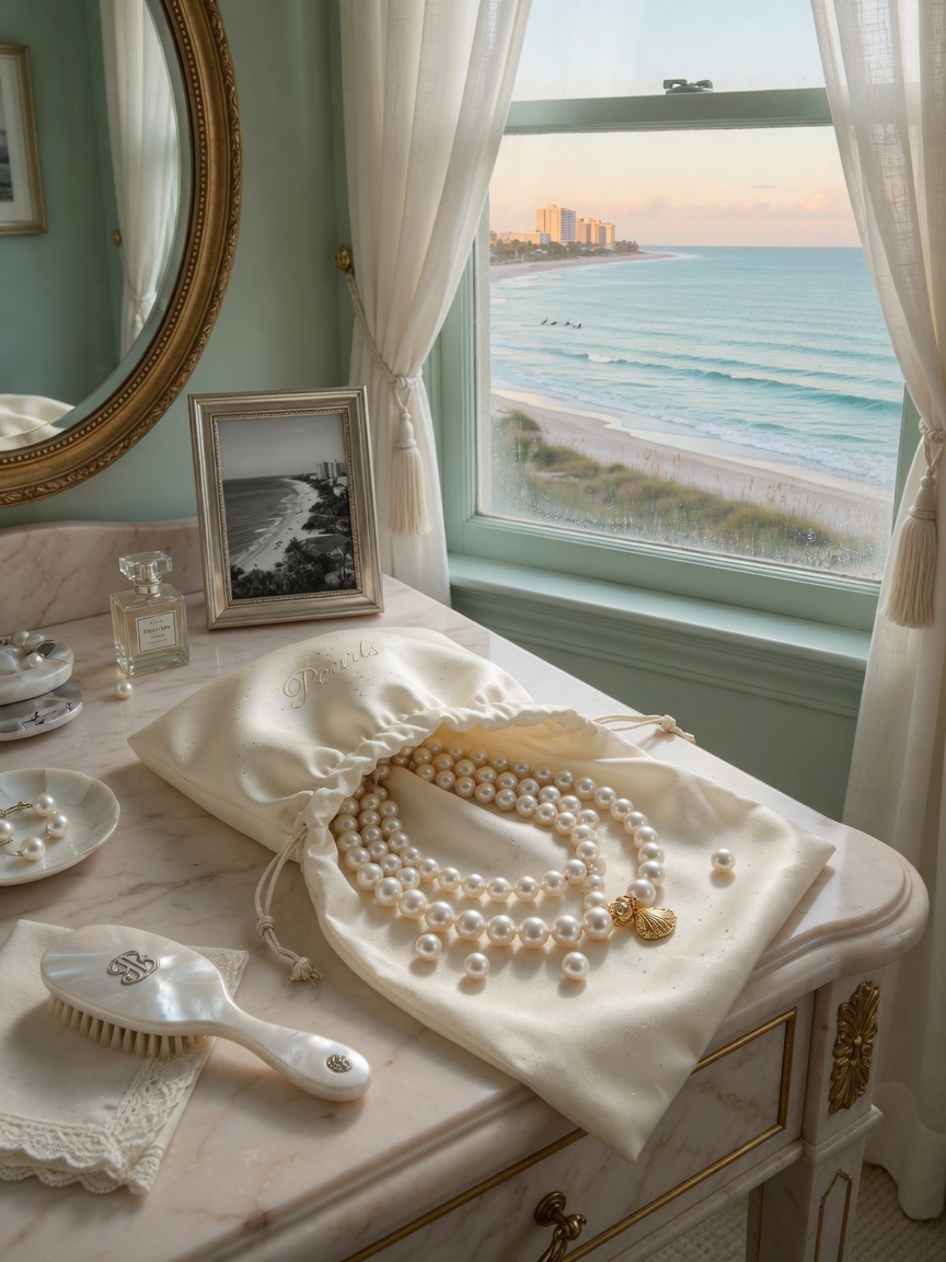 Luxurious pearl necklace properly stored in breathable silk pouch on vanity table with Florida ocean view through window, soft morning light, 8K resolution
