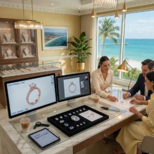 Ultra-realistic 8K photograph of a luxurious Naples Florida jewelry studio interior with ocean view windows, custom engagement ring design consultation table with CAD monitors and sparkling gemstones, warm professional atmosphere, natural daylight