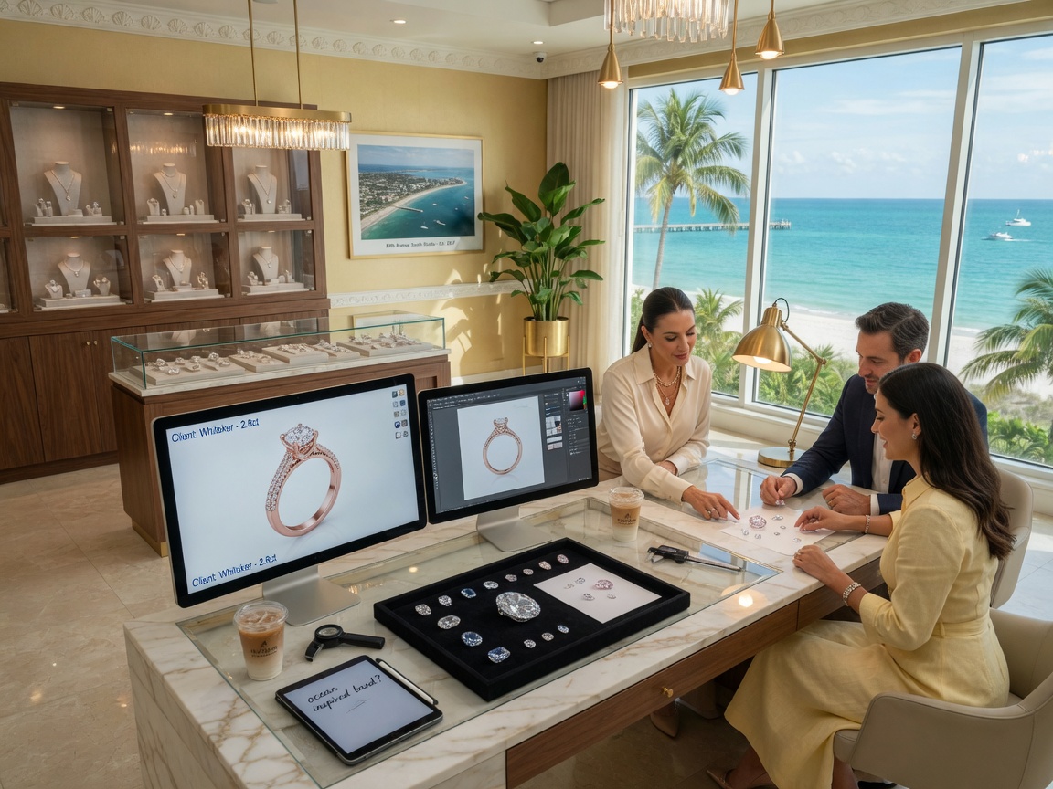Ultra-realistic 8K photograph of a luxurious Naples Florida jewelry studio interior with ocean view windows, custom engagement ring design consultation table with CAD monitors and sparkling gemstones, warm professional atmosphere, natural daylight