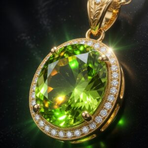 Ultra-realistic 8K photograph of a luminous lime-green Peridot gemstone set in 18k yellow gold pendant, dramatic lighting with emerald-like glow, dark background, jewelry photography style