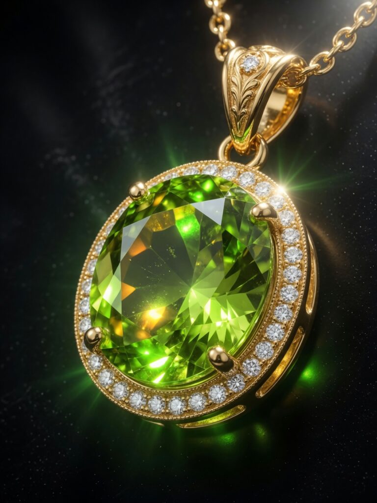 Ultra-realistic 8K photograph of a luminous lime-green Peridot gemstone set in 18k yellow gold pendant, dramatic lighting with emerald-like glow, dark background, jewelry photography style