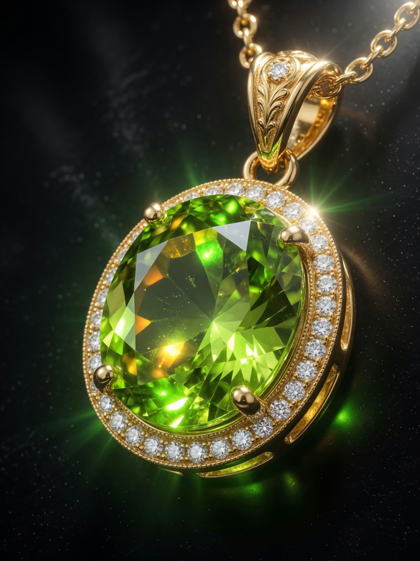 Ultra-realistic 8K photograph of a luminous lime-green Peridot gemstone set in 18k yellow gold pendant, dramatic lighting with emerald-like glow, dark background, jewelry photography style