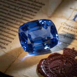 Ultra-realistic 8K photograph of a flawless 12-carat cornflower blue sapphire gemstone resting on ancient parchment with medieval royal seal, dramatic side lighting highlighting its deep blue color and internal clarity, Cleopatra’s Barge jewelry context