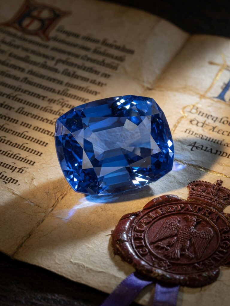 Ultra-realistic 8K photograph of a flawless 12-carat cornflower blue sapphire gemstone resting on ancient parchment with medieval royal seal, dramatic side lighting highlighting its deep blue color and internal clarity, Cleopatra’s Barge jewelry context