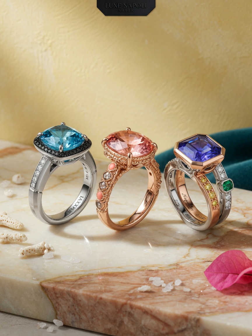 Ultra-realistic 2026 trend 8K photograph of three custom engagement rings displayed together: platinum, rose gold, and mixed metal designs with colored gemstones, Naples luxury aesthetic
