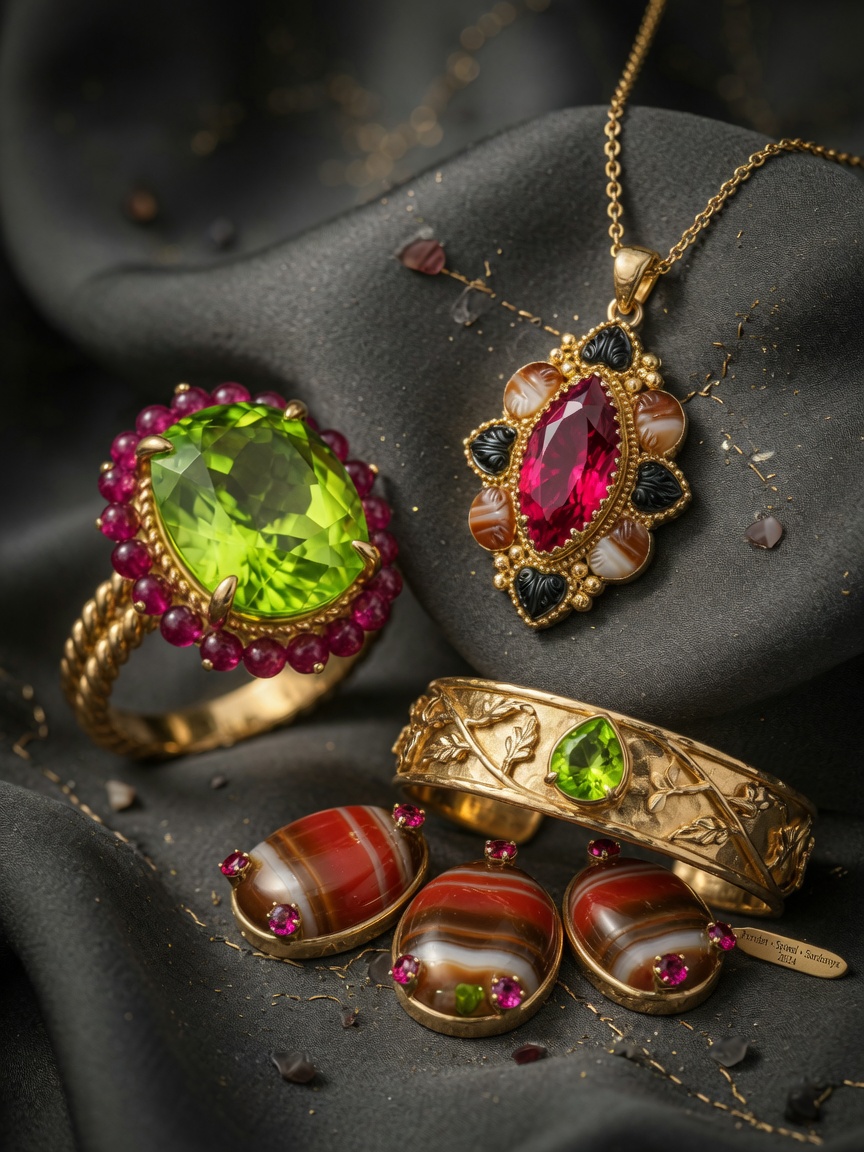 Custom designed gold jewelry collection featuring Peridot, Spinel and Sardonyx stones beautifully arranged, high-end jewelry photography, 8K product shot