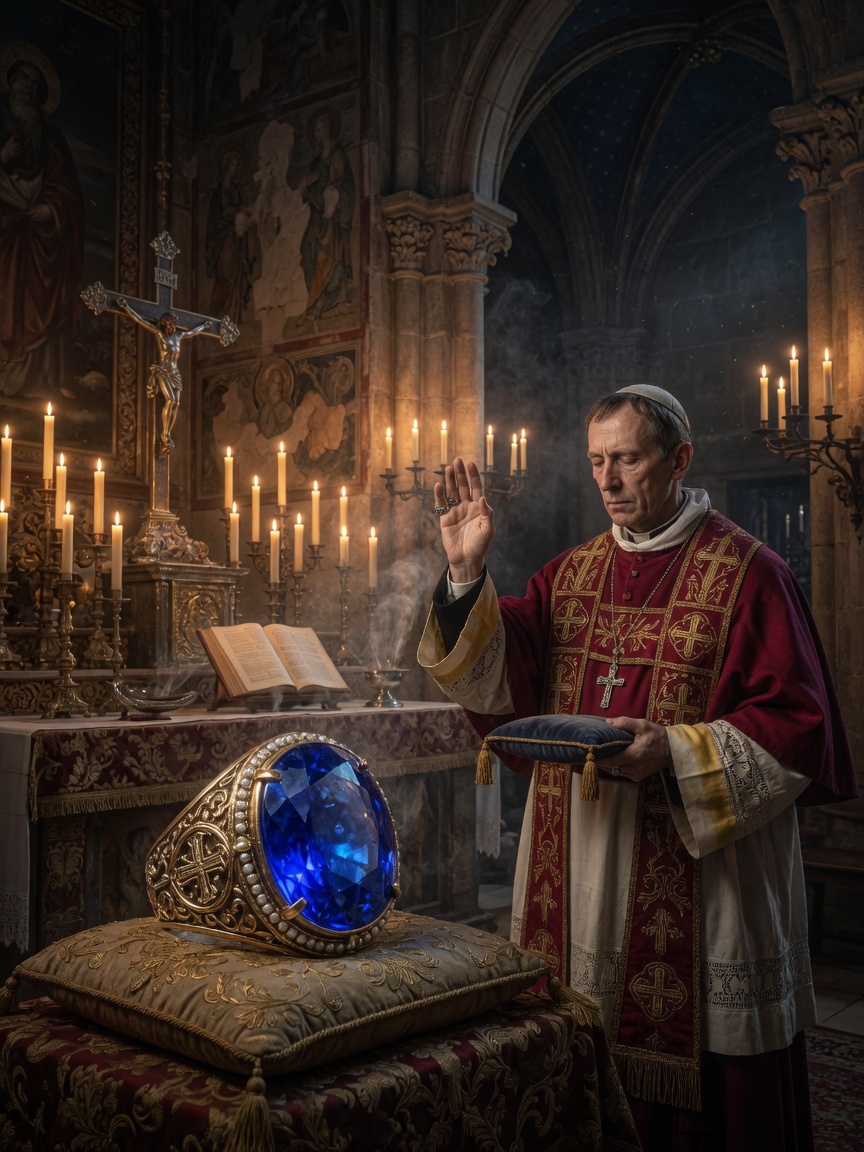 Ultra-realistic 8K image of a medieval priest blessing a large sapphire ring, candlelit cathedral interior, rich textures and historical garments, atmospheric lighting