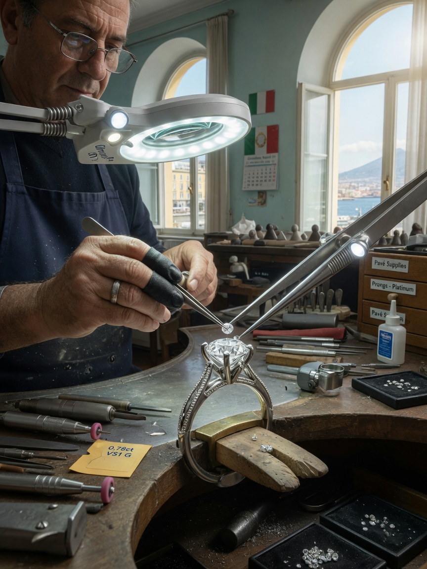 Professional 8K image of jeweler carefully hand-setting diamonds into custom engagement ring prongs in bright Naples workshop with tools and magnification equipment