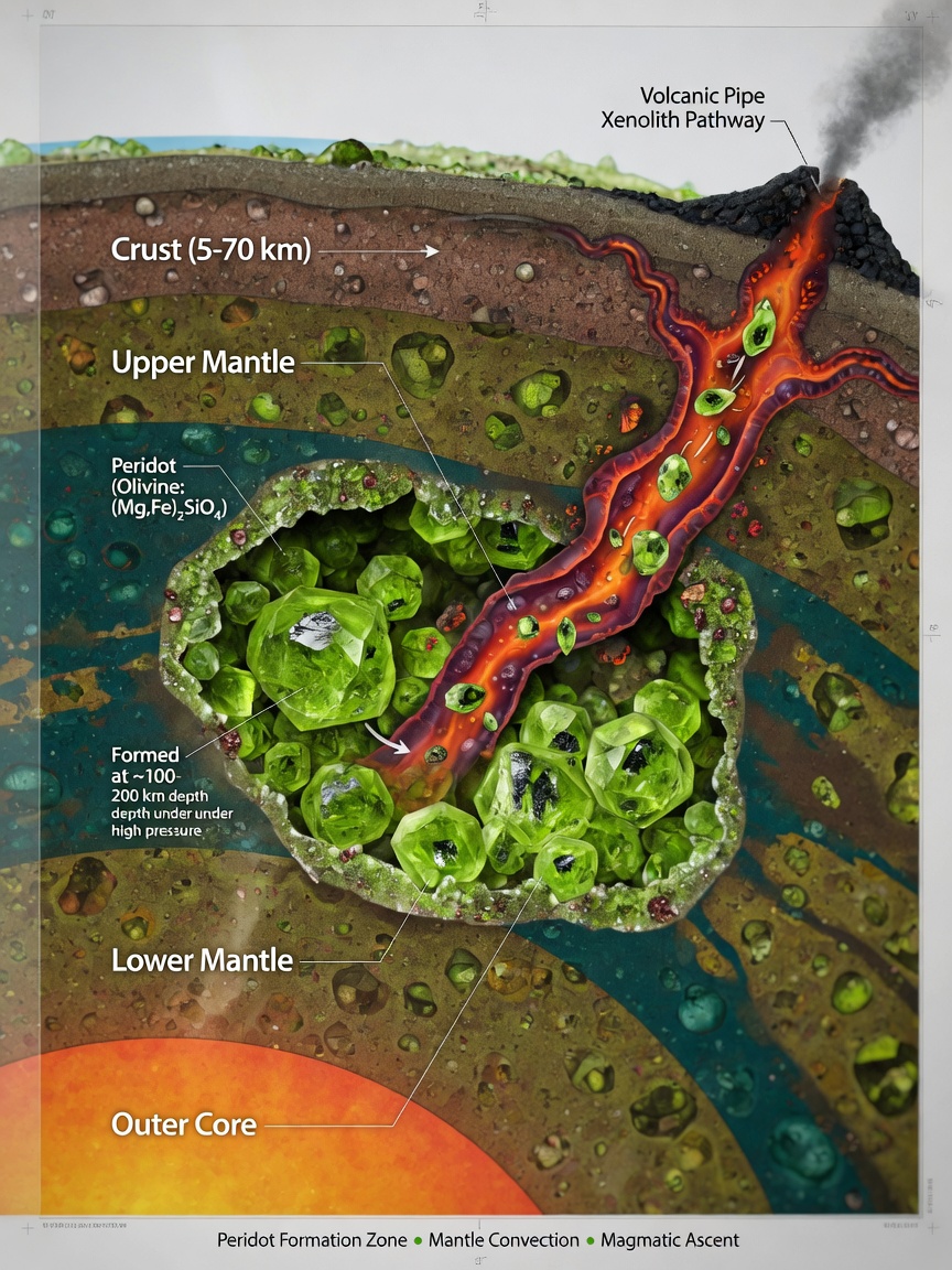 Cross section of Earth showing Peridot formation in the mantle layer with volcanic tube bringing crystals to surface, scientific illustration style, ultra-detailed 8K
