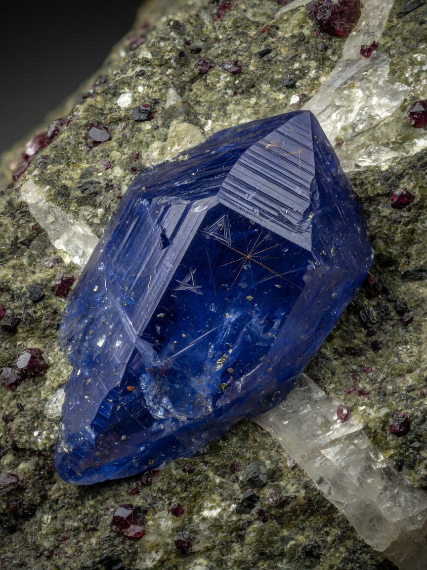 Macro 8K photograph of sapphire crystal formation still embedded in metamorphic rock matrix, showing natural crystal structure, museum quality geological detail