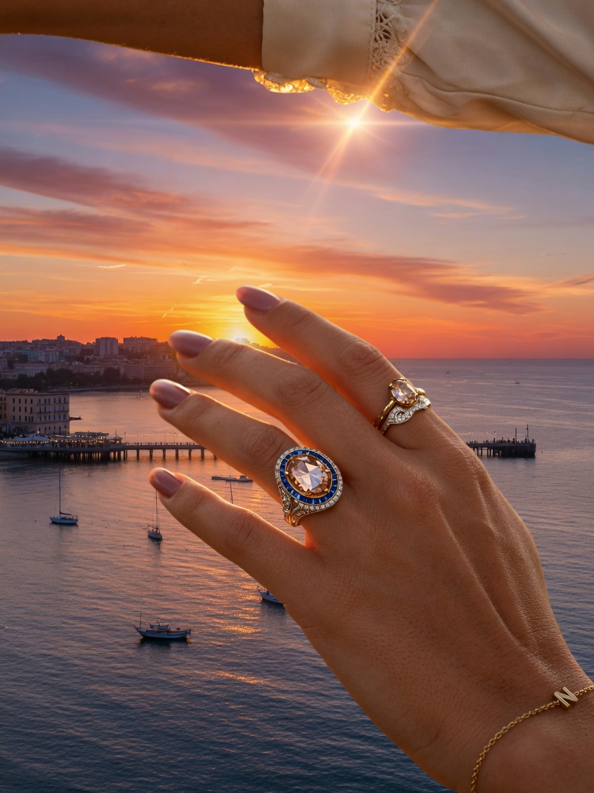 Breathtaking 8K cinematic shot of custom engagement ring on woman's hand against Naples sunset over the Gulf of Mexico, warm golden hour lighting, romantic atmosphere