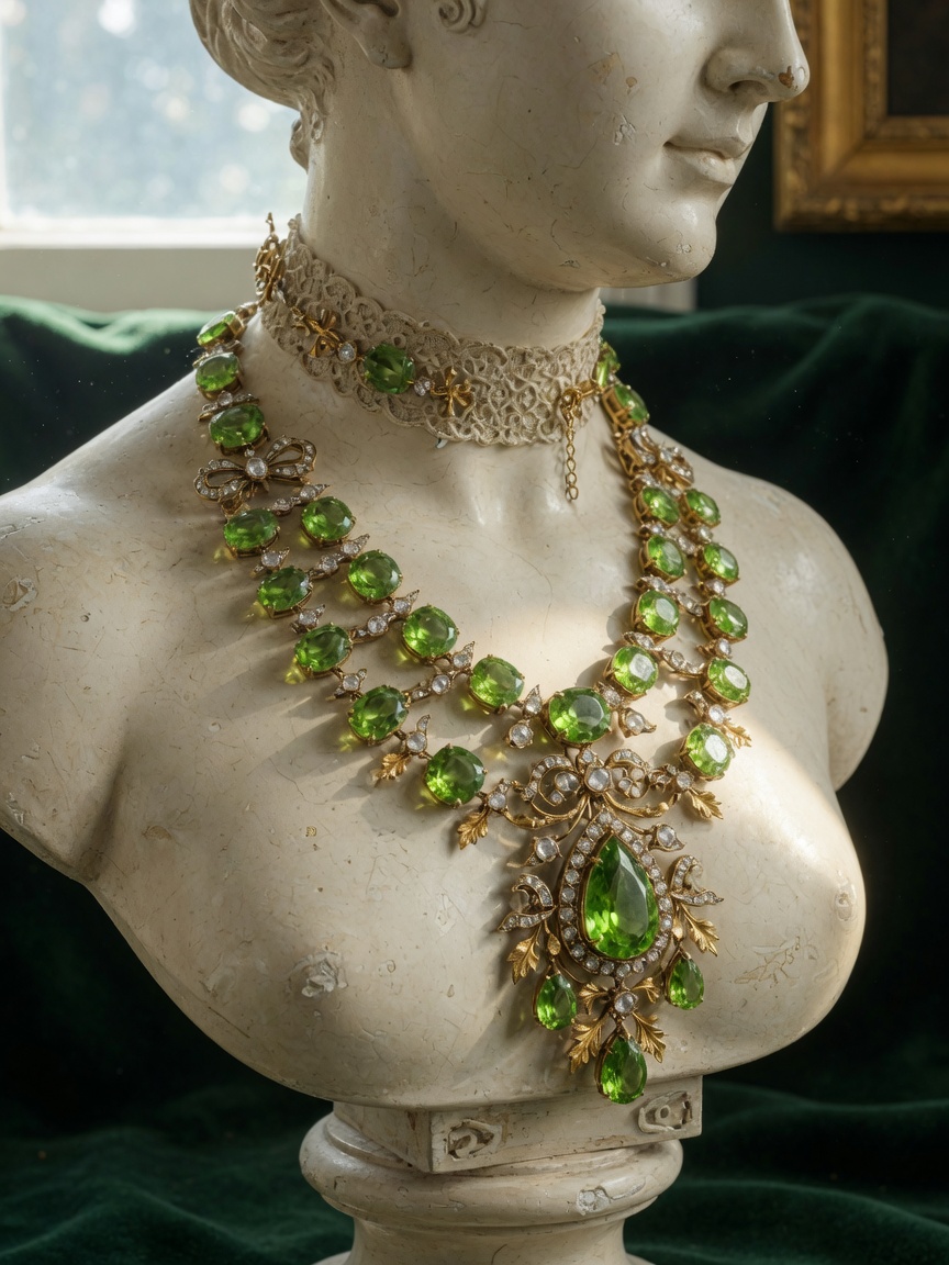Ornate Victorian era Peridot and diamond necklace displayed on antique bust, soft window light, museum quality still life photography, 8K resolution