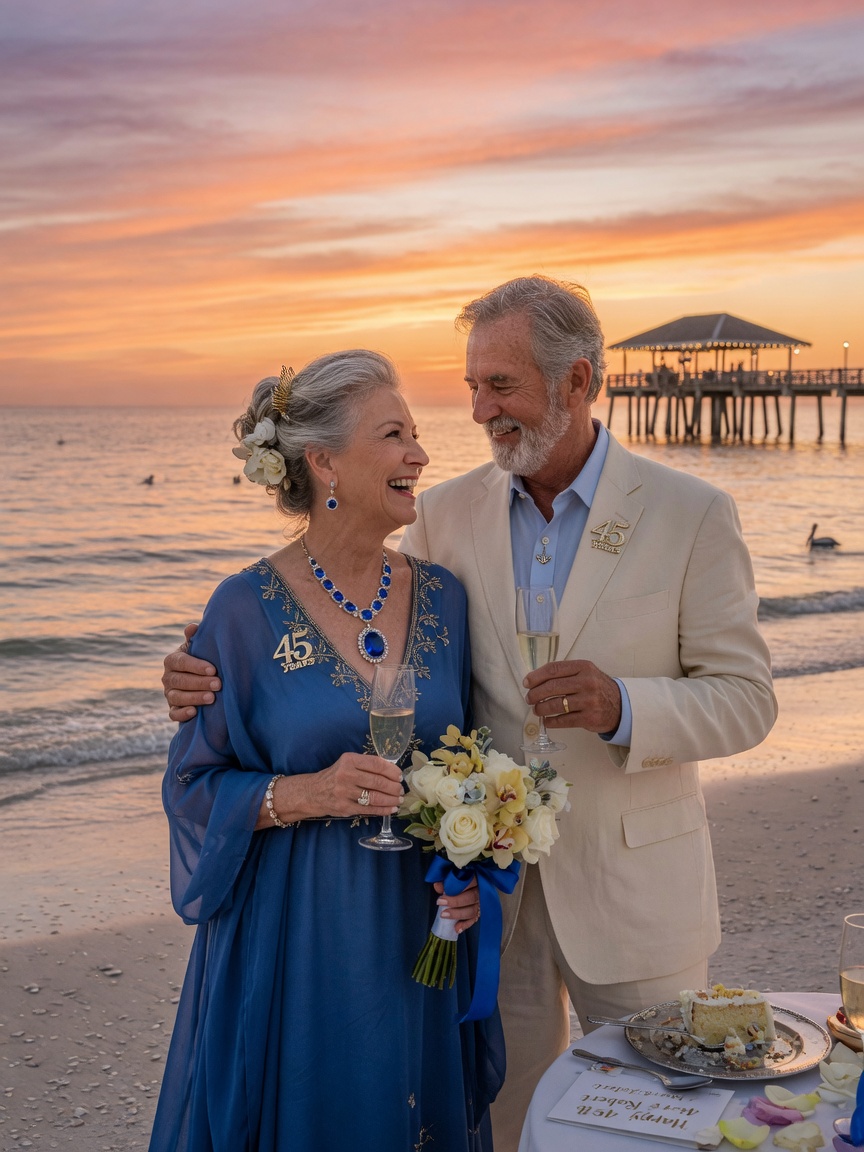 Cinematic 8K image of a couple celebrating their 45th wedding anniversary in Naples Florida, the wife wearing a beautiful sapphire necklace, golden sunset on the beach