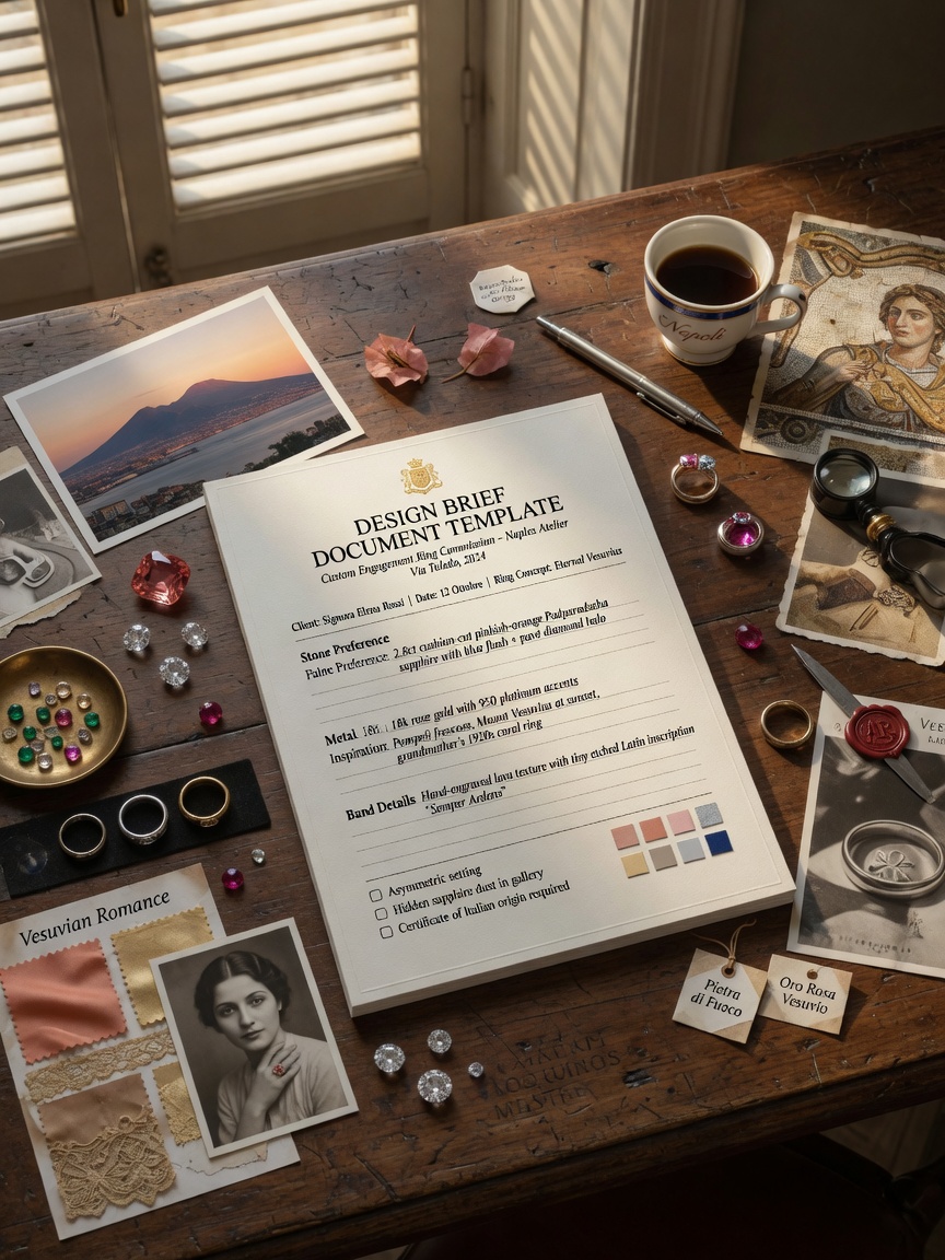 Ultra-detailed 8K image of design brief document template on wooden desk surrounded by gemstones, metal samples, and inspiration photos for custom engagement ring meeting in Naples
