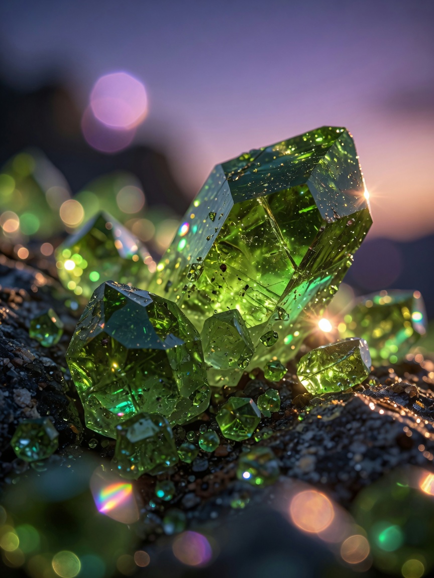 Sparkling Peridot crystals reflecting light in twilight setting demonstrating 'evening emerald' quality, macro photography with bokeh effect, ultra-realistic