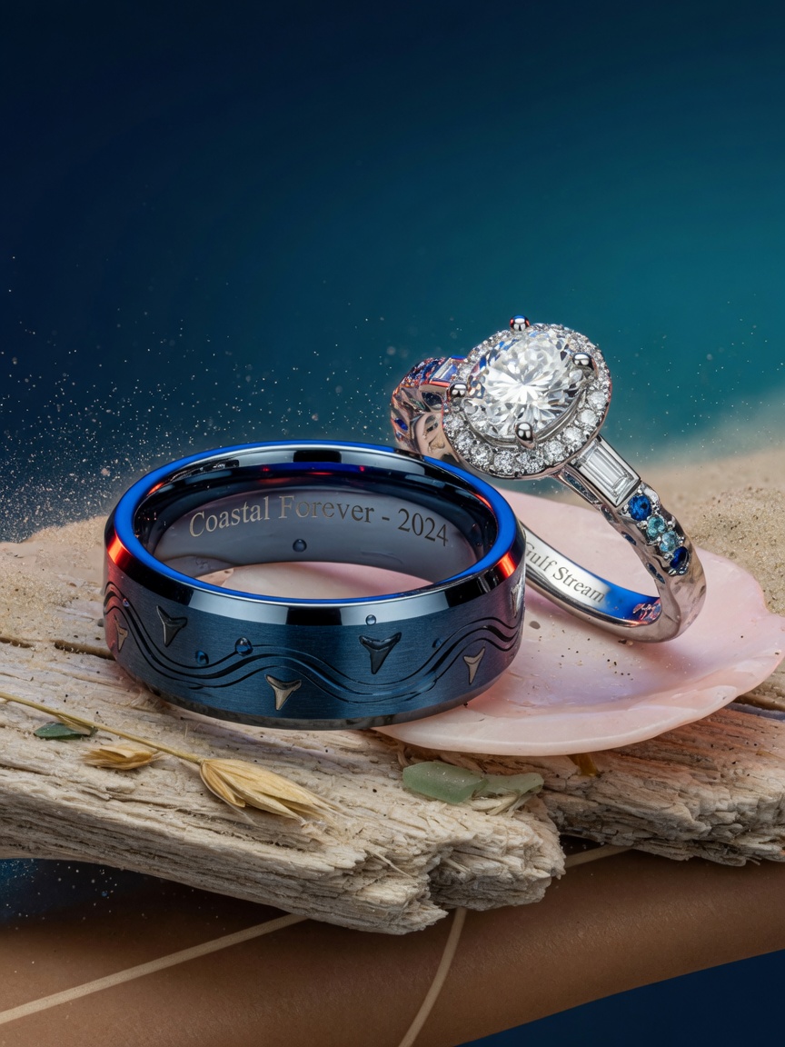 Luxury 8K product photography of cobalt chrome men's wedding band paired with women's custom diamond engagement ring, both designed for active Florida coastal lifestyle