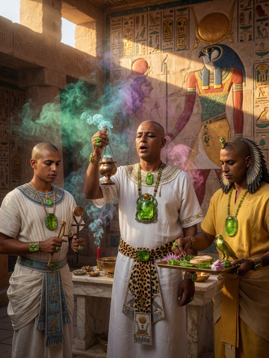 Ancient Egyptian priests performing ceremony wearing Peridot amulets, temple of Ra interior, historical accuracy, dramatic ceremonial atmosphere, 8K