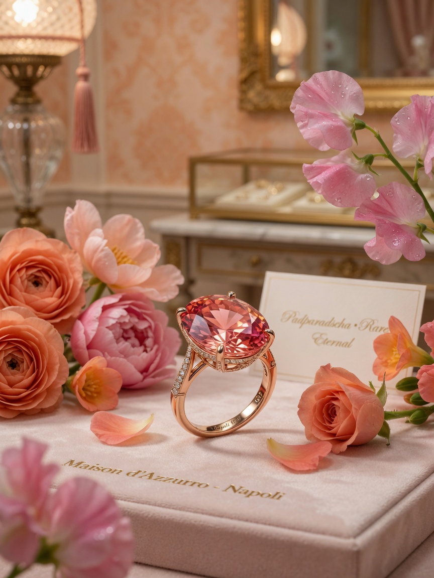 Luxury 8K jewelry advertisement style image featuring a padparadscha sapphire ring surrounded by soft pink and orange flowers, elegant Naples boutique setting