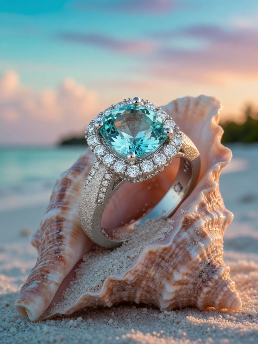 Ultra-realistic 8K image of aquamarine and diamond custom engagement ring with sandblasted texture band, perfect for Naples Florida climate, displayed on seashell