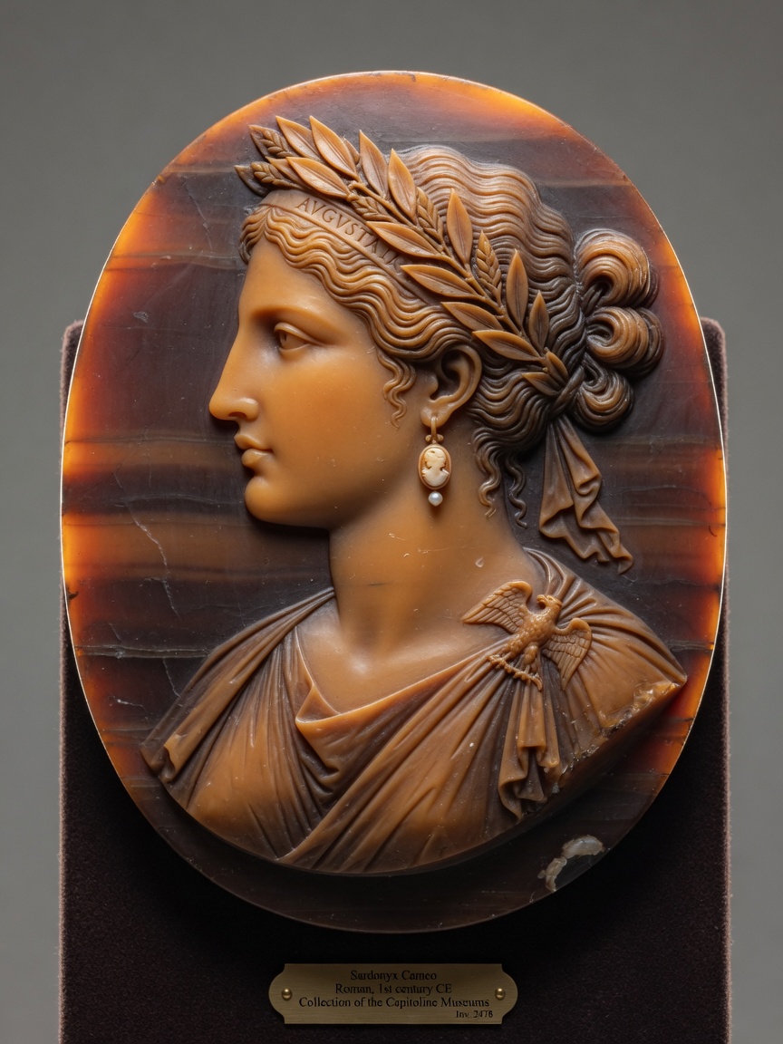 Beautiful layered Sardonyx cameo carving showing classical Roman profile, intricate detail, warm earth tones, museum artifact photography style
