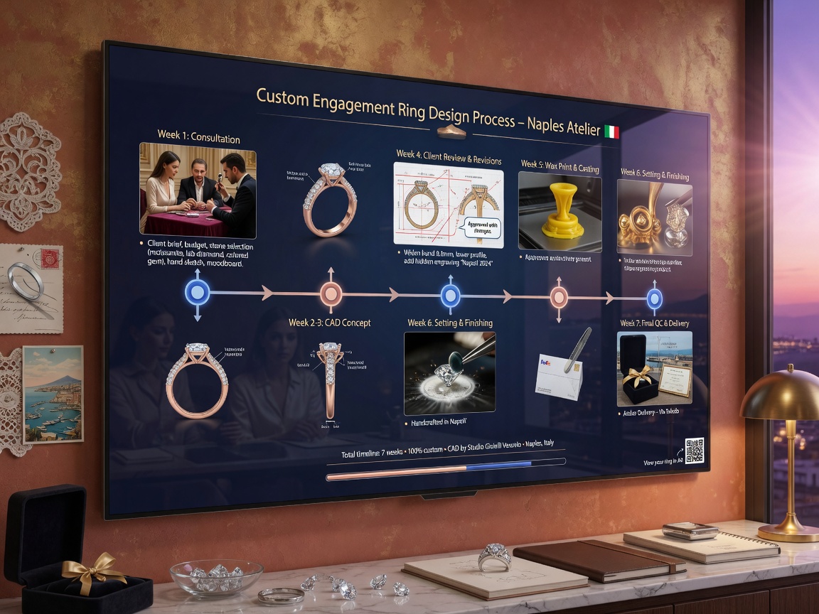 Modern 8K photograph of CAD timeline flowchart displayed on large screen in Naples jewelry studio explaining custom engagement ring design process from consultation to delivery