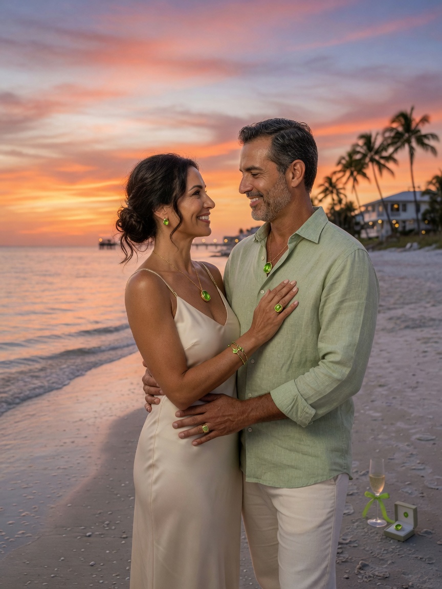 Modern elegant couple celebrating 16th anniversary wearing matching Peridot jewelry, romantic Naples Florida beach sunset background, lifestyle photography