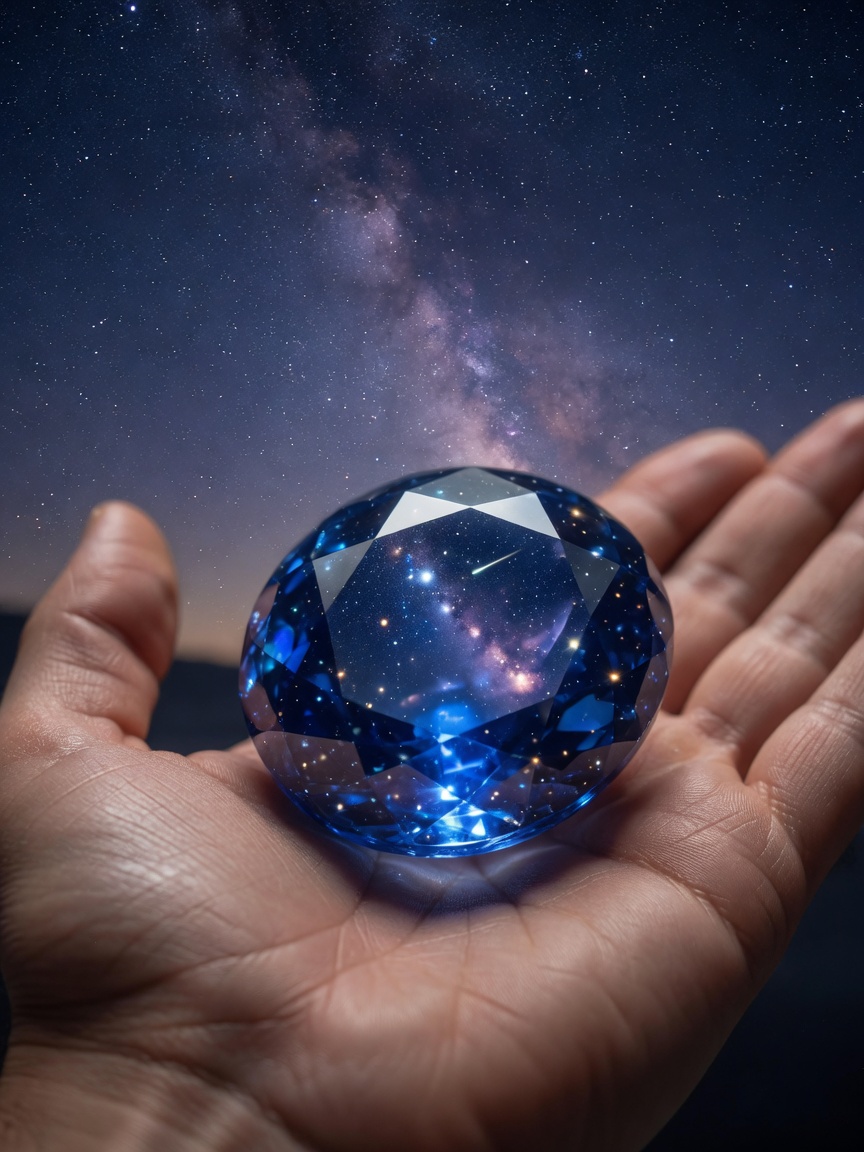 Dreamlike 8K image of the night sky filled with stars reflected in a large polished blue sapphire held in an open palm, mystical and celestial atmosphere