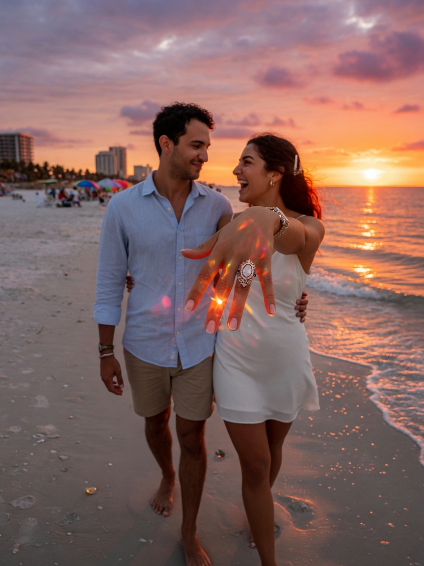 Romantic 8K image of newly engaged couple walking on Naples Beach at sunset, woman showing off her sparkling new custom-designed engagement ring, natural candid moment