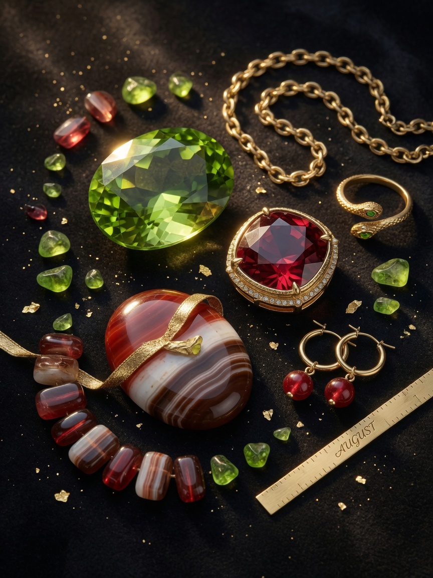 Spectacular collection of all three August birthstones - Peridot, Spinel and Sardonyx - artistically arranged with gold accent pieces, luxury jewelry flat lay, 8K
