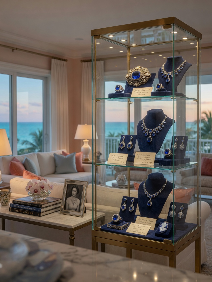Elegant 8K lifestyle photograph of a sophisticated Naples Florida living room featuring a glass display case with an impressive collection of historic sapphire jewelry pieces