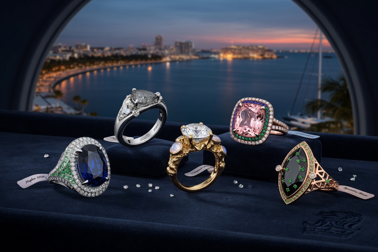 Ultra-premium 8K hero image of exquisite custom engagement ring collection featuring 2026 trends, arranged on dark velvet with subtle Naples Bay view in background, jewelry advertisement style