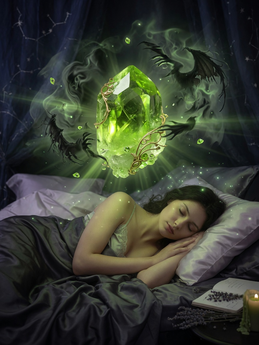 Mystical image of glowing Peridot stone protecting sleeping person from nightmares, ethereal green light, dreamlike protective atmosphere, ultra-realistic symbolic art