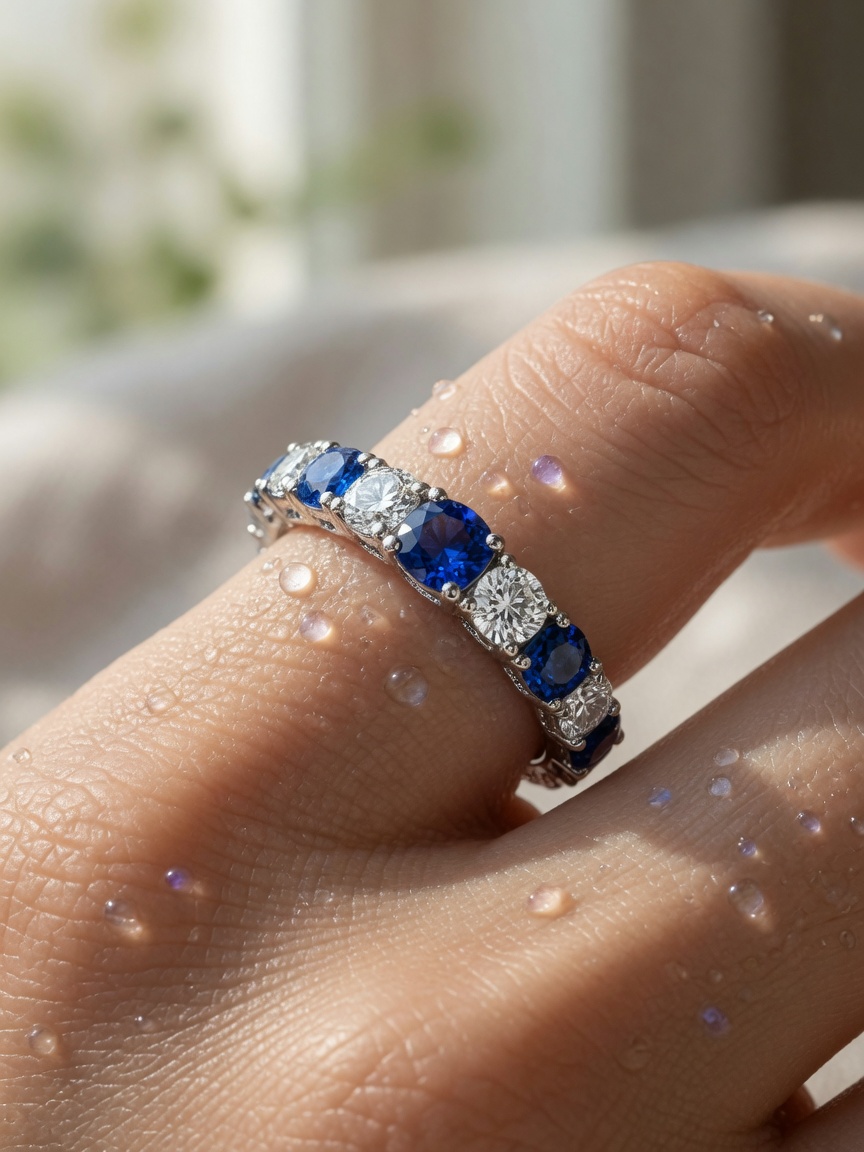Hyper-realistic 8K close-up of a sapphire and diamond eternity band on a woman’s finger, soft morning light, dewy skin, symbolizing eternal loyalty and wisdom