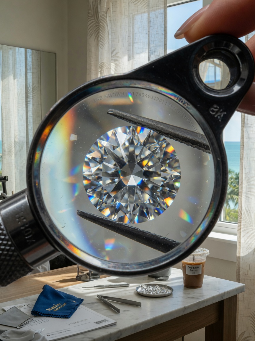 Close-up ultra-detailed 8K image of conflict-free round brilliant lab-grown diamond being examined under jeweler's loupe in Naples FL studio, perfect clarity and fire, soft natural lighting