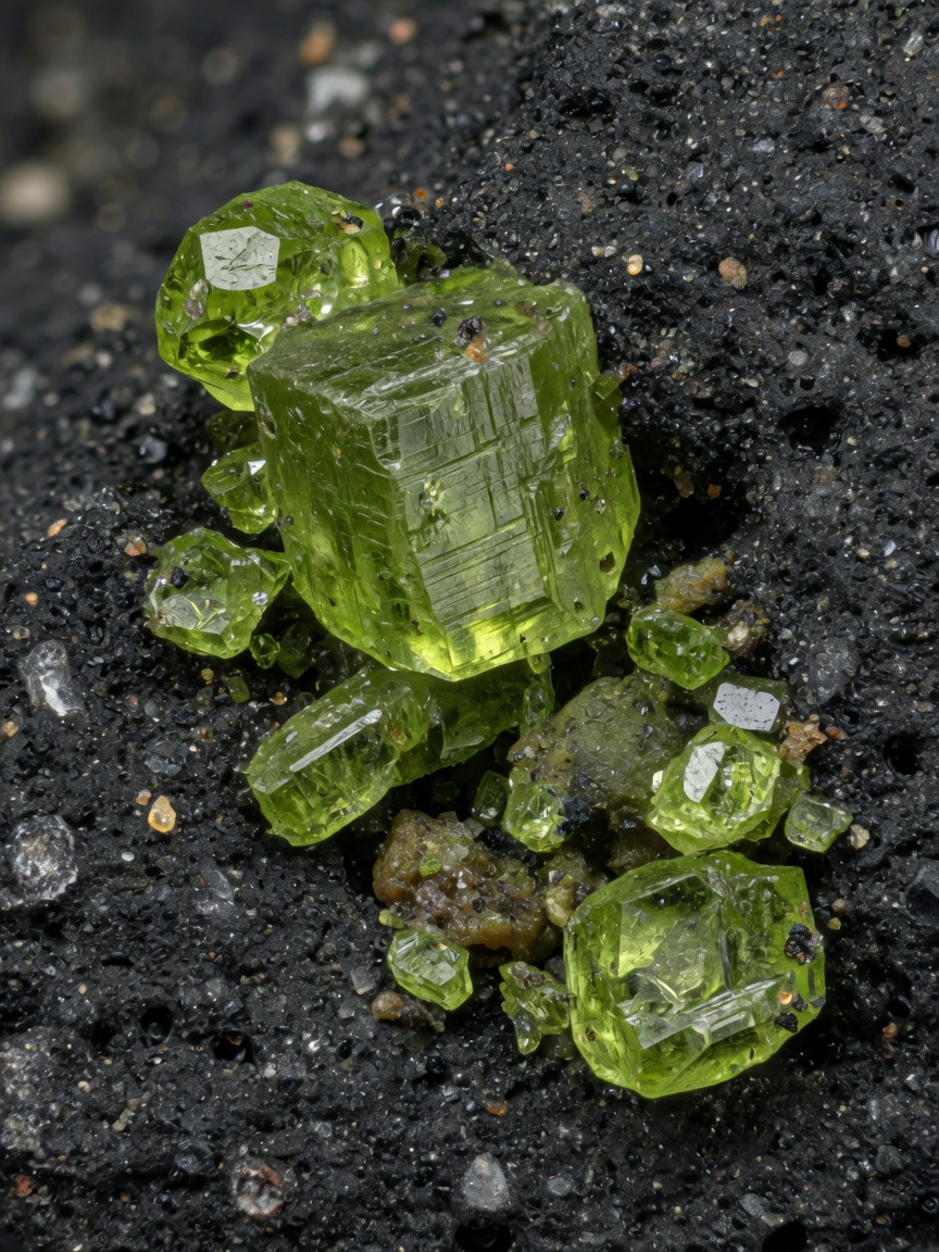 Close-up macro shot of natural Peridot crystal formation embedded in volcanic basalt rock, showing olive green color variations and natural texture, scientific detail, 8K resolution