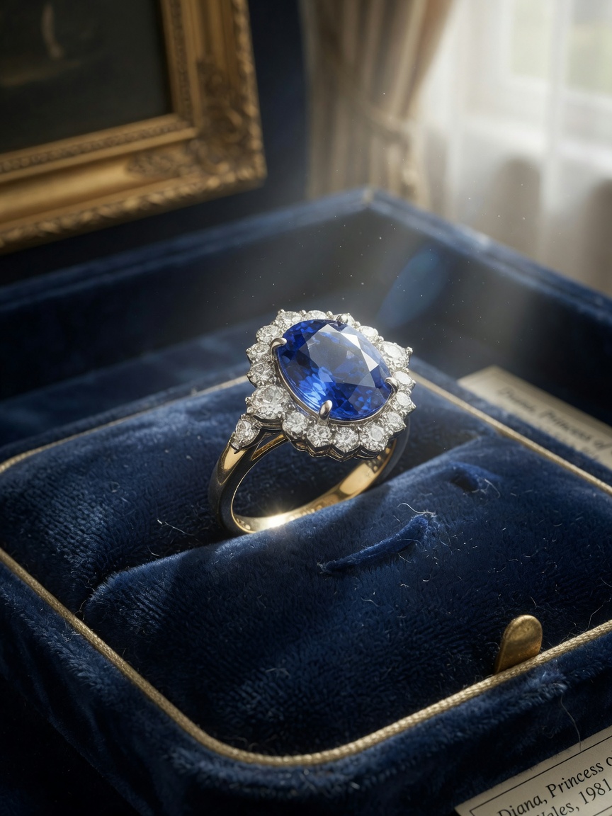Hyper-realistic 8K image of Princess Diana’s iconic sapphire engagement ring displayed on a velvet cushion with soft window light, showing the 12-carat oval Ceylon sapphire surrounded by diamonds, museum quality detail