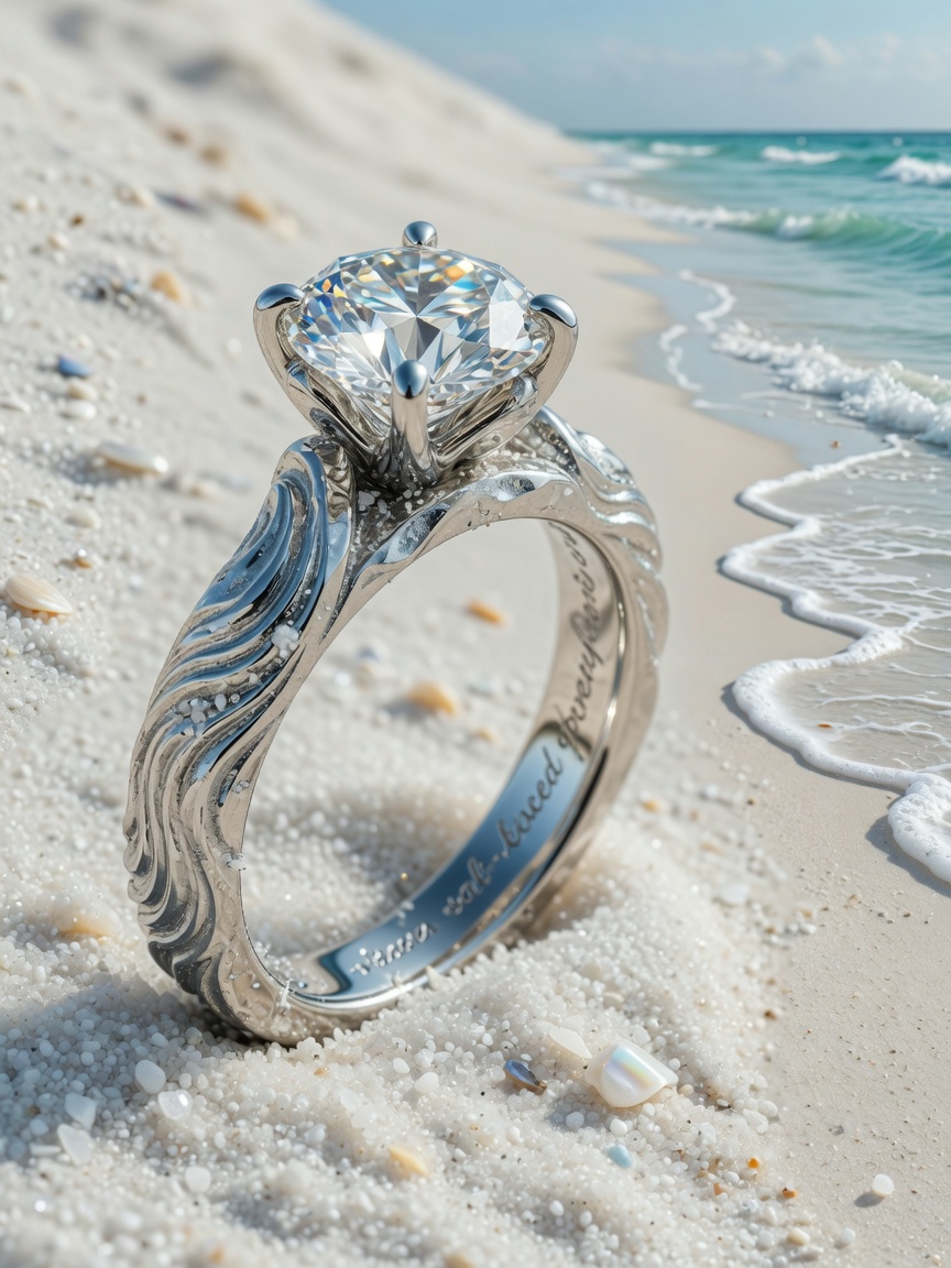 Stunning 8K macro photograph of platinum engagement ring with wave-inspired band texture designed for Florida salt air, sitting on white sand with gentle waves in background, luxurious and elegant